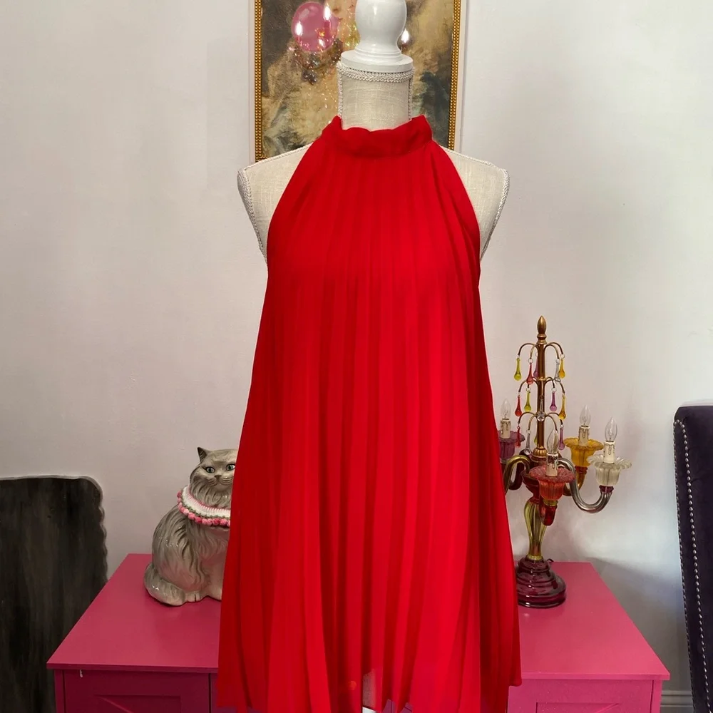 BETSEY JOHNSON XS RED PLEATED ACCORDION TIE BOW NECK DRESS - Picture 4 of 7